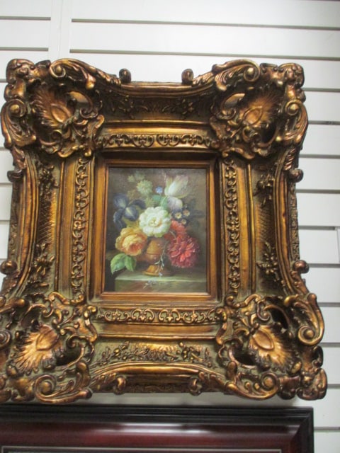 Ornate Rococo Revival Framed Floral Still Life Old World Decorative Painting on Canvas: 21 1/2" x22 1/2" x 5", Local Pickup Suggested