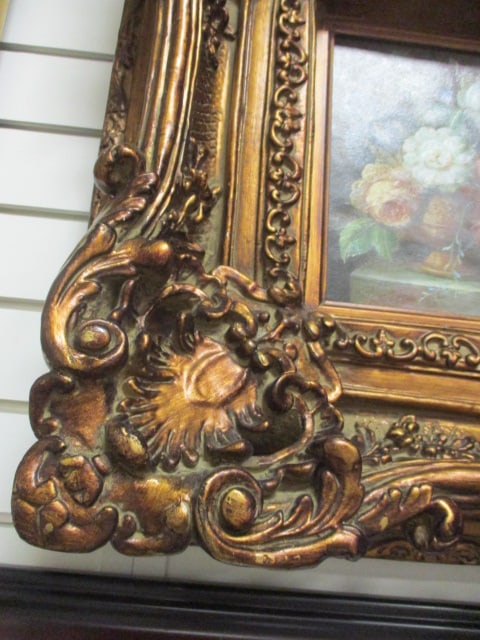 Ornate Rococo Revival Framed Floral Still Life Old World Decorative Painting on Canvas - 2