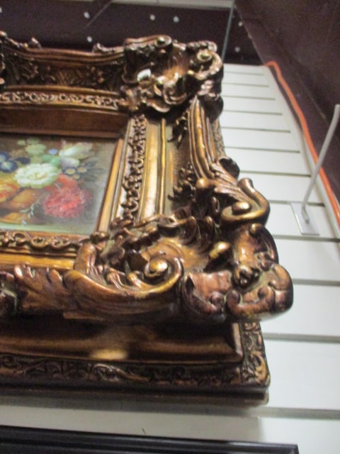 Ornate Rococo Revival Framed Floral Still Life Old World Decorative Painting on Canvas - 3