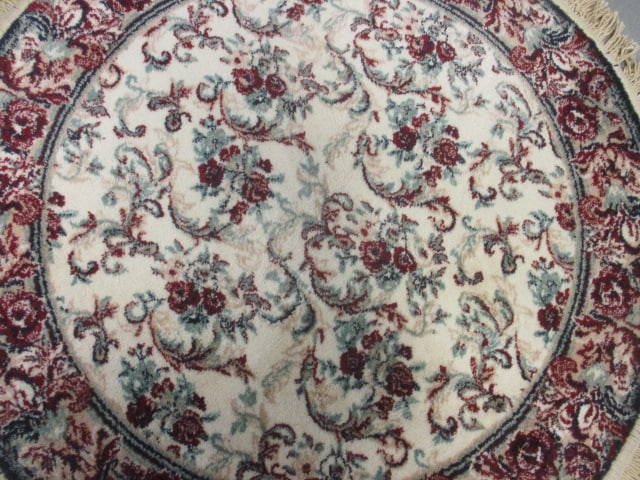 Navy/Burgundy Border Ivory Floral Design Round Scatter Rug - 2