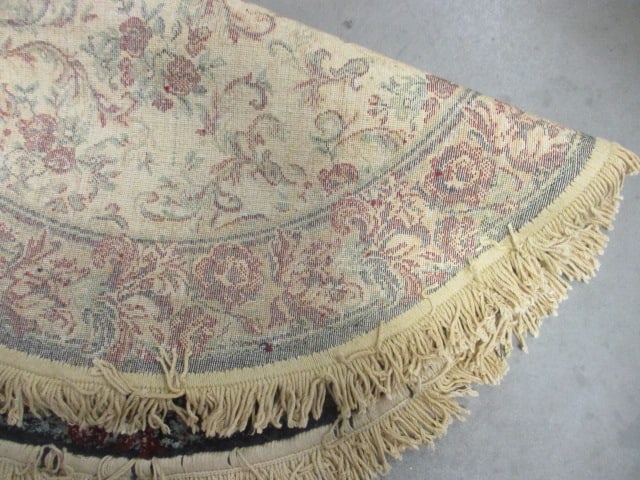 Navy/Burgundy Border Ivory Floral Design Round Scatter Rug - 4