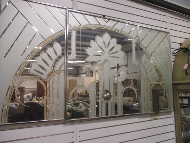 Accessory Art 1980's 3 Panel Art Deco Motif Etched Mirror Wall Art (1 of 5)