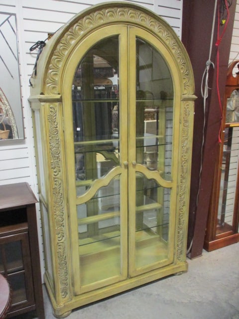 Sage Green Illuminated Arch Top Beveled Glass 2 Door Curio Cabinet: 50" x 18" x 87", four adjustable glass shelves, Local Pickup Only