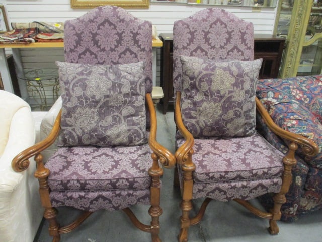 Pair of High Back Custom Upholstered Carved Wood Arm Chairs: 31"w, Includes accent pillows, some scuffs, oak frame, Local Pickup Only