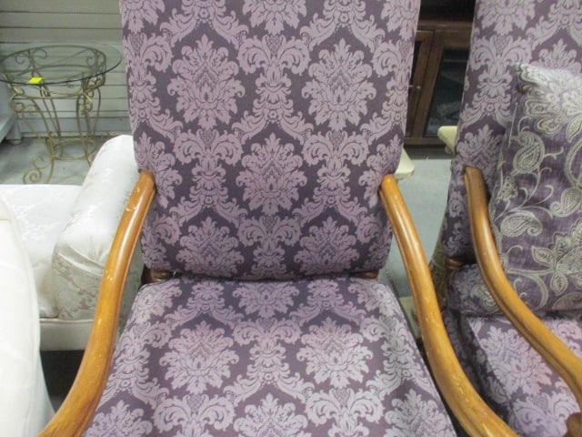 Pair of High Back Custom Upholstered Carved Wood Arm Chairs - 3