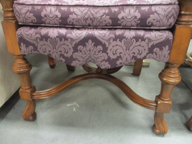 Pair of High Back Custom Upholstered Carved Wood Arm Chairs - 4