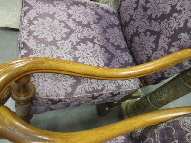 Pair of High Back Custom Upholstered Carved Wood Arm Chairs - 5