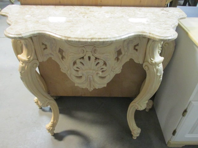 Ornate Molded Resign Serpentine Demilune Table with Synthetic Marble Top: 36" c 15 1/4" x 32", Local Pickup Only