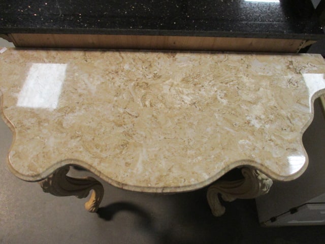 Ornate Molded Resign Serpentine Demilune Table with Synthetic Marble Top - 2