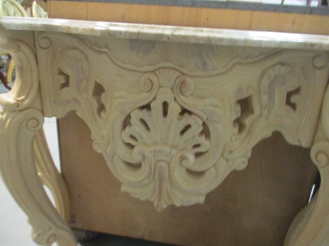 Ornate Molded Resign Serpentine Demilune Table with Synthetic Marble Top - 3
