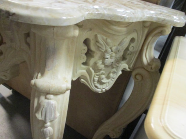 Ornate Molded Resign Serpentine Demilune Table with Synthetic Marble Top - 4
