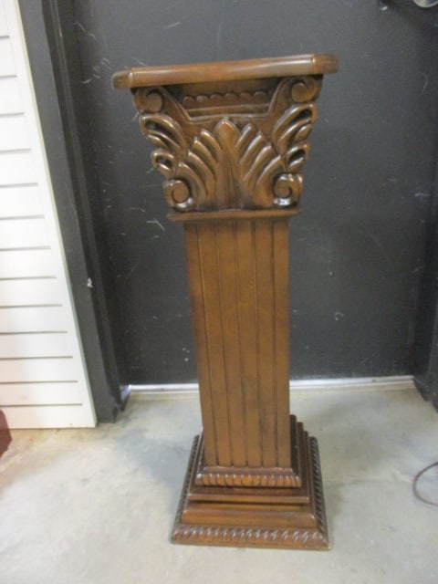 Square Classical Style Carved Wood Pedestal Stands with Inset Marble Top: 12 3/4"square x 36", carved shell design, few tiny scuffs on bottom edge, Local Pickup Only