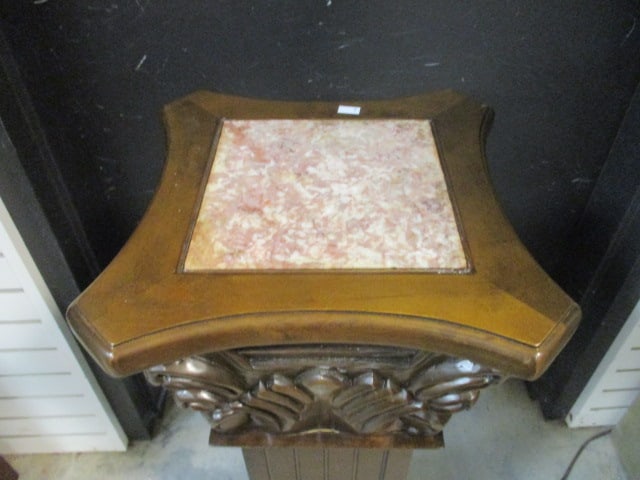 Square Classical Style Carved Wood Pedestal Stands with Inset Marble Top - 2