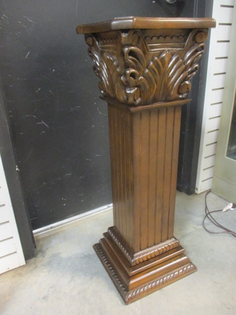 Square Classical Style Carved Wood Pedestal Stands with Inset Marble Top - 4