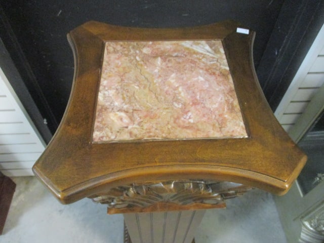Square Classical Style Carved Wood Pedestal Stands with Inset Marble Top - 2