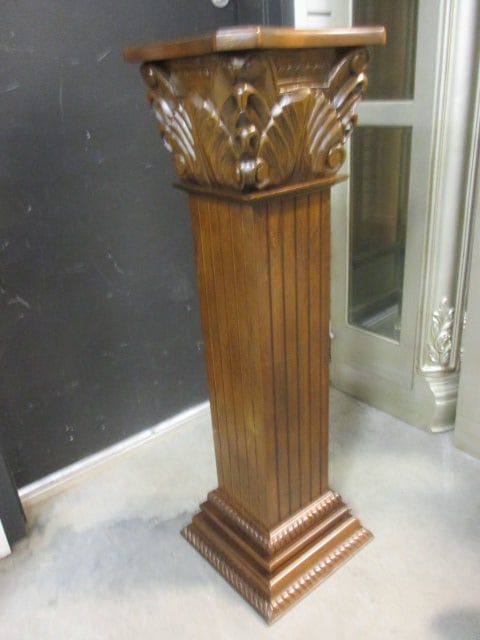 Square Classical Style Carved Wood Pedestal Stands with Inset Marble Top - 4