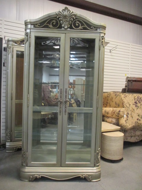 Thomasville Furniture Bellasera Collection Illuminated Display Cabinet: 42 1/4" x 18" x 88", four adjustable plate groove shelves, mirrored back, beveled glass doors and sides, Local Pickup Only