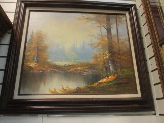 Framed LJ. Miller Signed Fall Forest Landscape Painting: 31" x 27", few small nicks on frame, Local Pickup Suggested