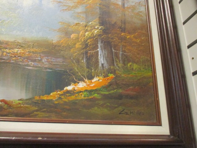 Framed LJ. Miller Signed Fall Forest Landscape Painting - 3