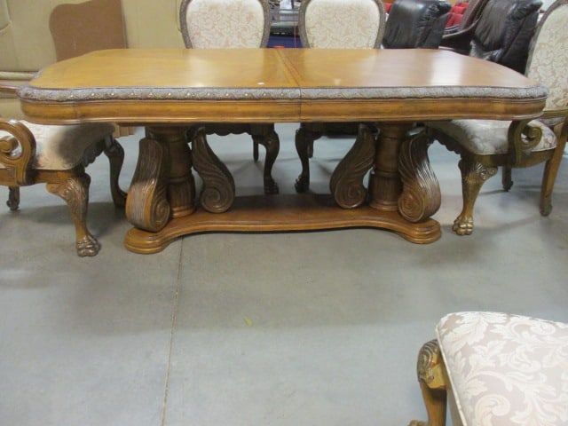 Aico Amini Innovation Corp. Heavily Carved Ornate Double Pedestal Table, Leaves, Armchairs, - 2
