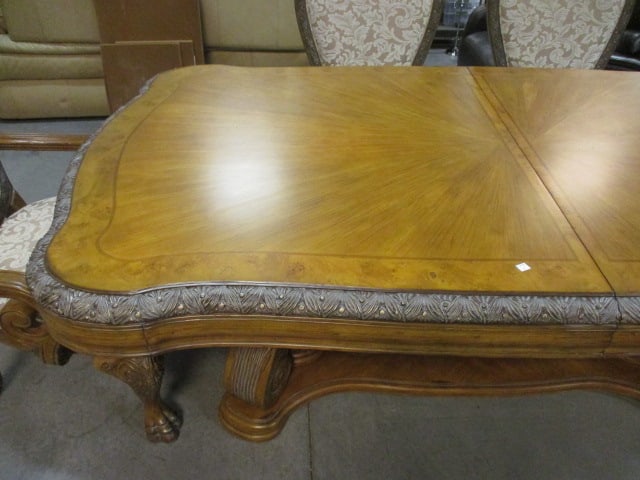Aico Amini Innovation Corp. Heavily Carved Ornate Double Pedestal Table, Leaves, Armchairs, - 3