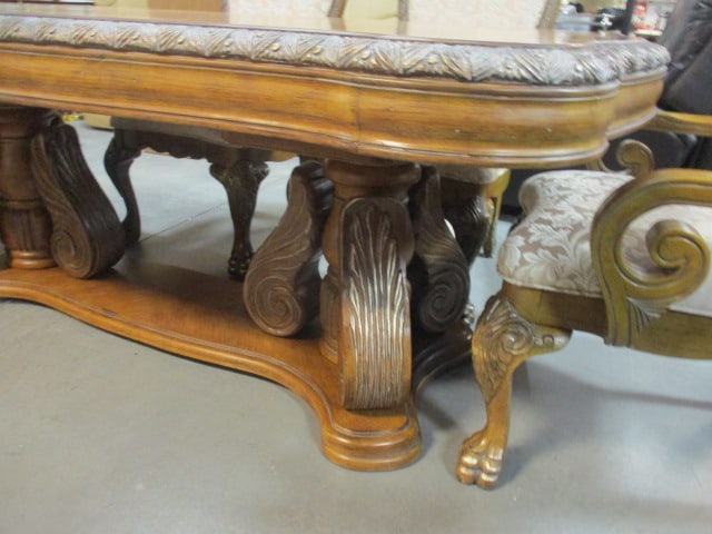 Aico Amini Innovation Corp. Heavily Carved Ornate Double Pedestal Table, Leaves, Armchairs, - 5