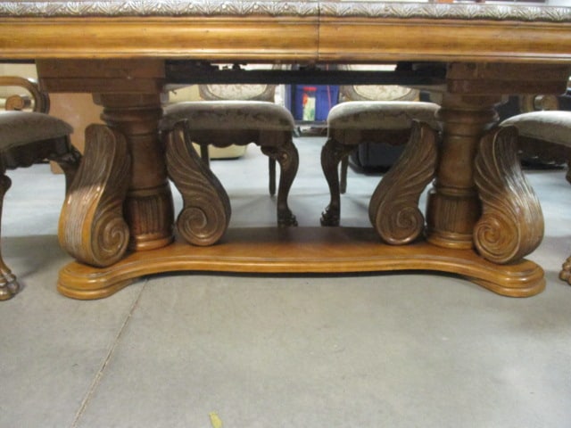 Aico Amini Innovation Corp. Heavily Carved Ornate Double Pedestal Table, Leaves, Armchairs, - 6