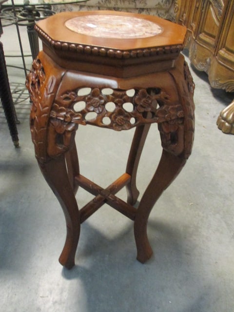 BG Carved Cherry Blossom Pedestal with Inset Marble Top: 14"dia x 24 1/2"h, some separation at top seams, Local Pickup Only