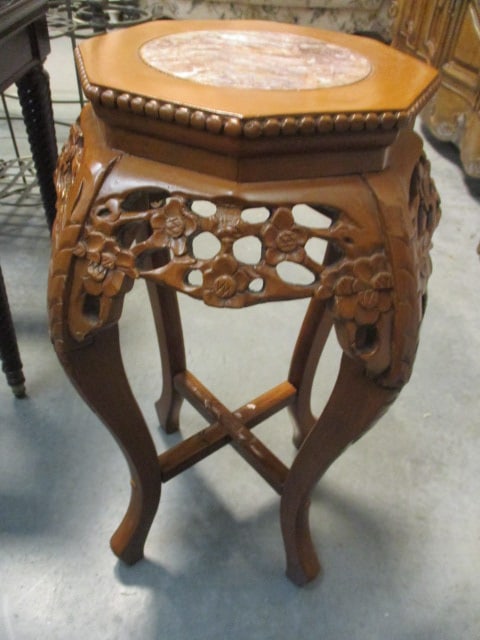 BG Carved Cherry Blossom Pedestal with Inset Marble Top: 14"dia x 24 1/2"h, some separation at top seams, Local Pickup Only