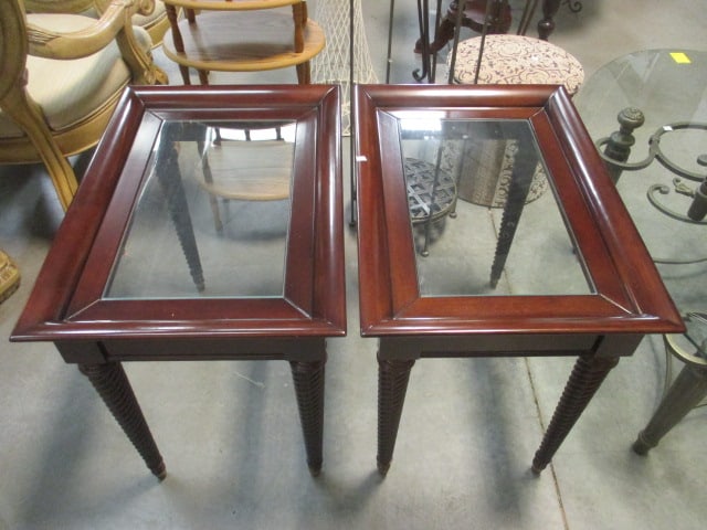 Pair of Bombay Turned Spiral Leg Glass Top End Tables - 2