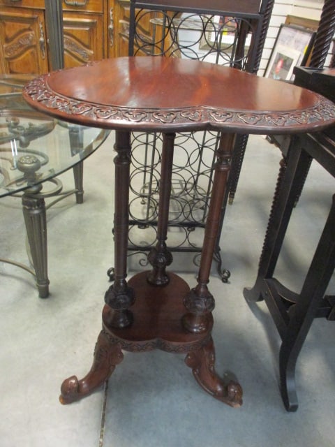 Victorian Revival Mahogany Trefoil Accent/Lamp Table: Carved Gothic Style Border with three turned supports with scroll feet, clover-shaped top approx. 21"dia x 29 1/2"h, stamped SRMD J0990900540 on underside, one foot is chipped, Local Pickup Only