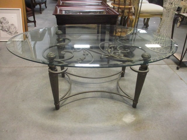 Ornate Wrought Iron Style Scrolling Leaf Beveled Glass Top Oval Coffee Table (1 of 8)