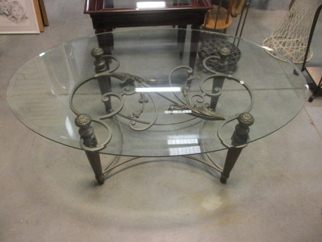 Ornate Wrought Iron Style Scrolling Leaf Beveled Glass Top Oval Coffee Table - 2