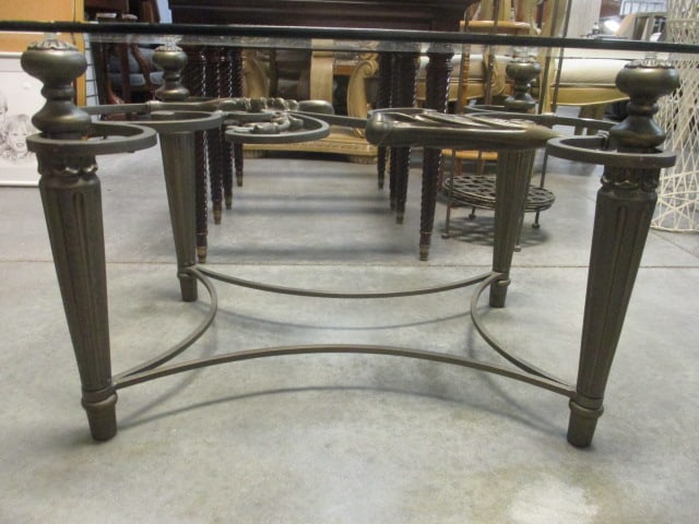 Ornate Wrought Iron Style Scrolling Leaf Beveled Glass Top Oval Coffee Table - 3