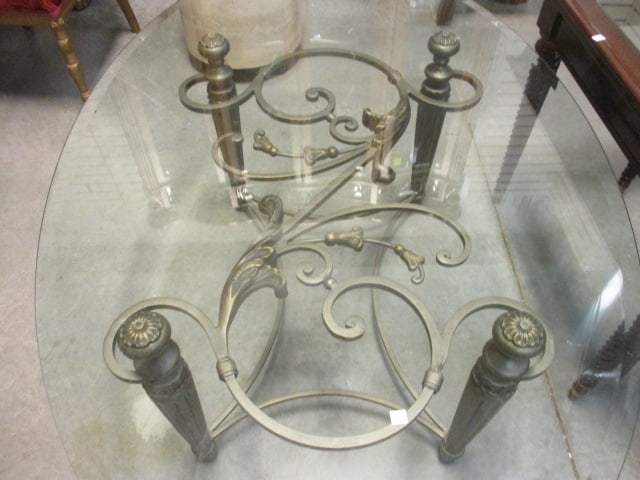 Ornate Wrought Iron Style Scrolling Leaf Beveled Glass Top Oval Coffee Table - 5