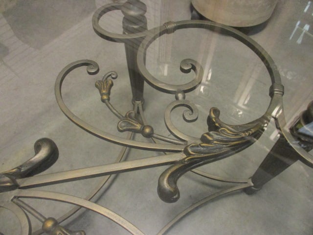 Ornate Wrought Iron Style Scrolling Leaf Beveled Glass Top Oval Coffee Table - 6