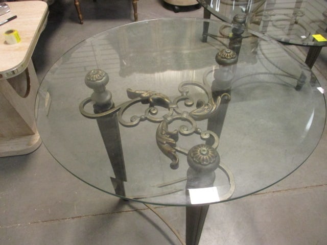 Ornate Wrought Iron Style Scrolling Leaf Beveled Glass Top End Table - 2