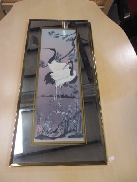Two Mechanical Mirror Works Chinoiserie Crane Mirror Frame Prints: 13" x 29", one print is faded, Local Pickup Only