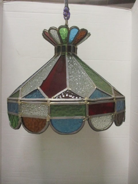 Colorful Midcentury Stained Leaded Glass Chandelier: 14 1/4"dia x 12", has socket but wires have been cut, Local Pickup Suggested