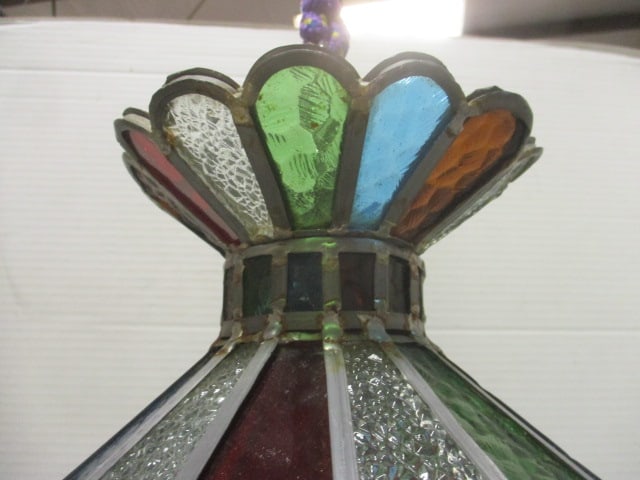 Colorful Midcentury Stained Leaded Glass Chandelier - 2