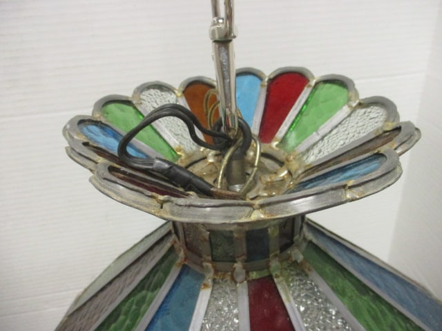 Colorful Midcentury Stained Leaded Glass Chandelier - 3