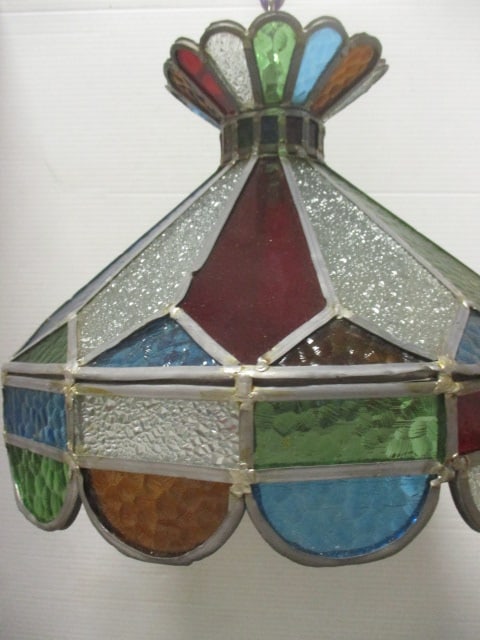 Colorful Midcentury Stained Leaded Glass Chandelier - 4