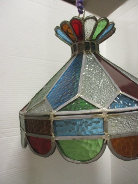 Colorful Midcentury Stained Leaded Glass Chandelier - 5