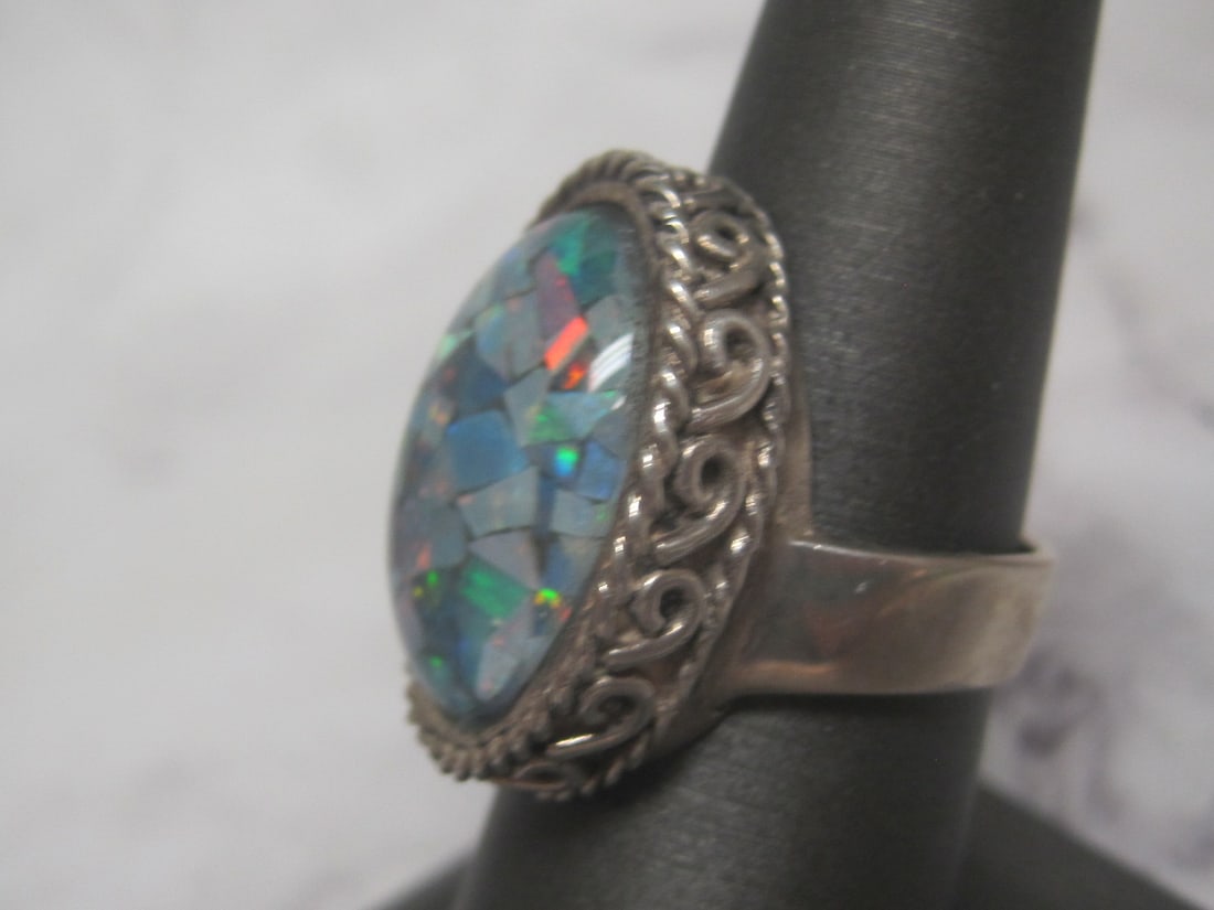 Scarce Black Opal Sterling Silver Ring - 2