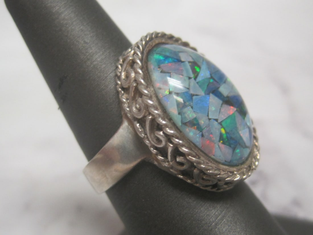 Scarce Black Opal Sterling Silver Ring - 3