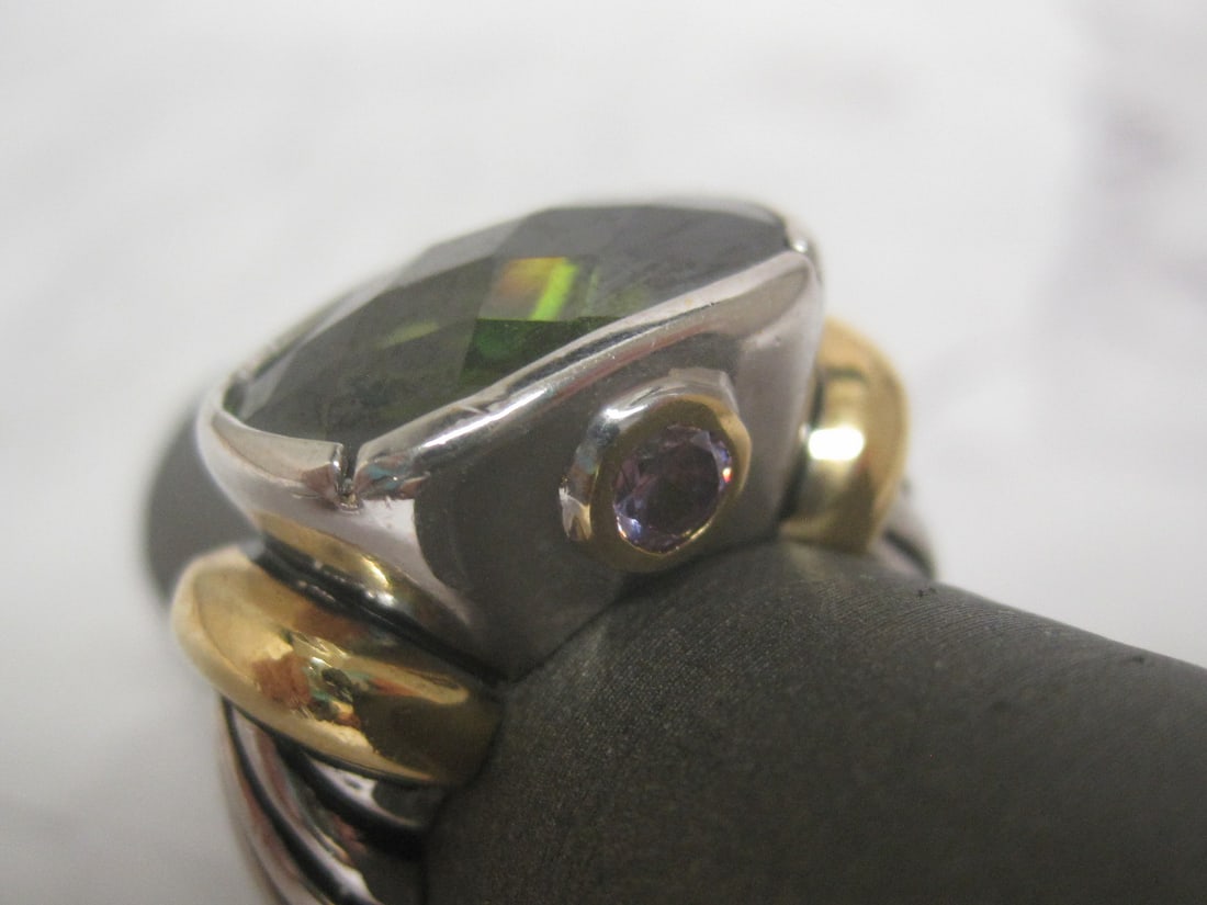 Sterling Silver Green Quartz & Amethyst Ring - 5