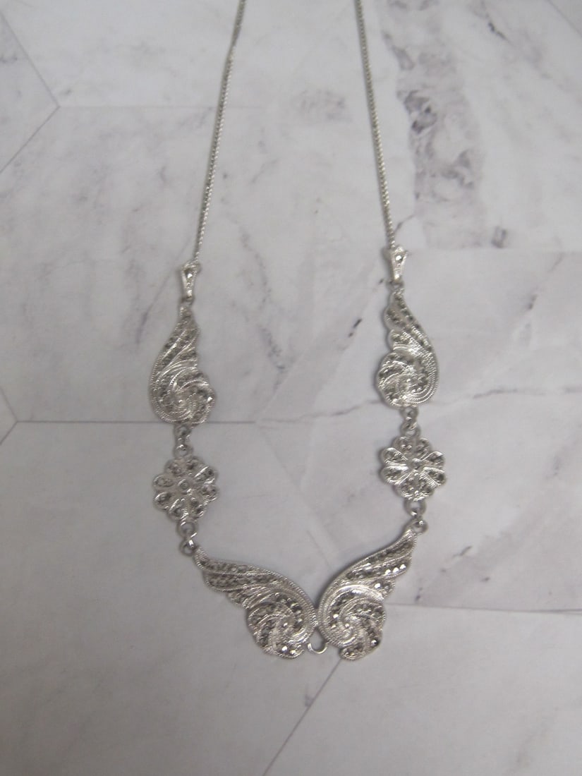 16" Sterling Silver Necklace: Weighs 16 grams, Art Deco style with floral dÅ½cor & marcasites