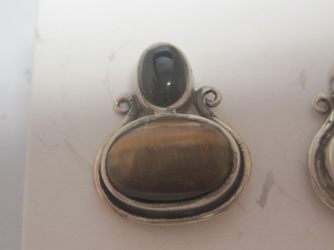 Sterling Silver Tigers Eye & Black Onyx Pierced Earrings - 2