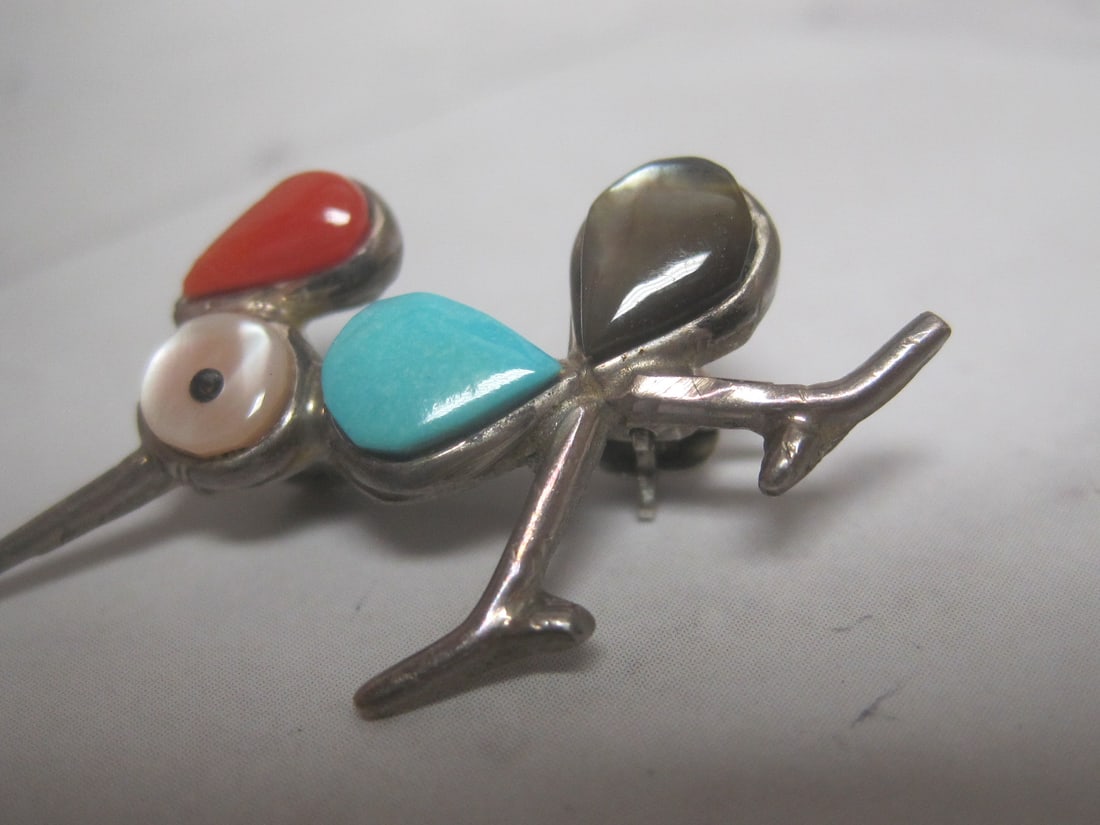 Adorable Sterling Silver Navajo Style Roadrunner Pin - 3