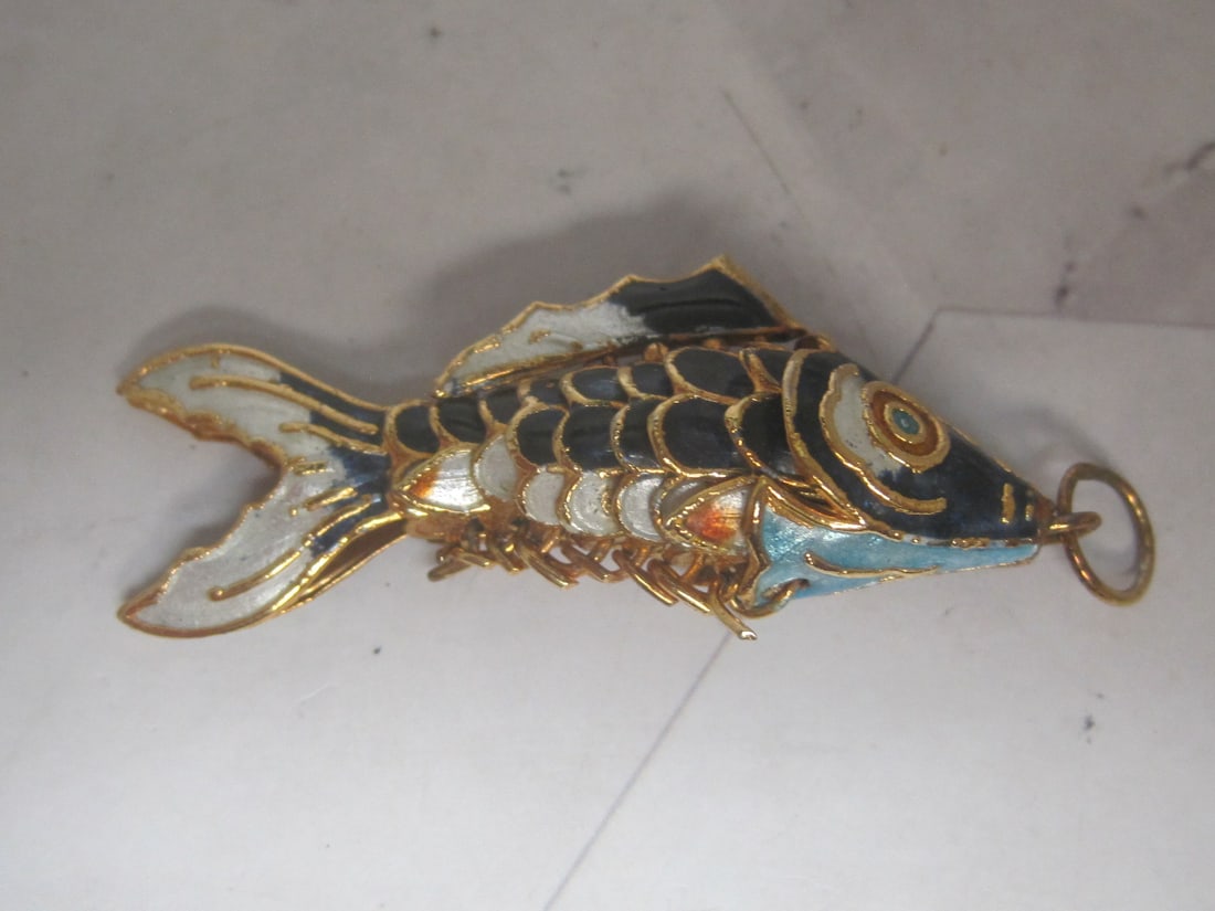 Enameled Fish Pendant: 2" long, Fully articulated